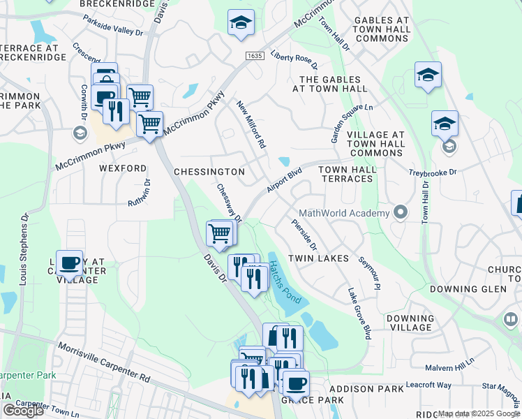 map of restaurants, bars, coffee shops, grocery stores, and more near 114 Bright Sand Court in Cary