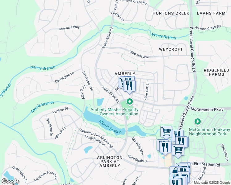 map of restaurants, bars, coffee shops, grocery stores, and more near 2122 Yates Store Road in Cary