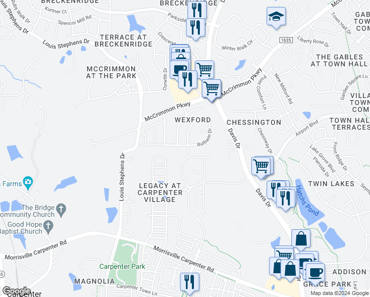 map of restaurants, bars, coffee shops, grocery stores, and more near 101 Scotlow Way in Morrisville
