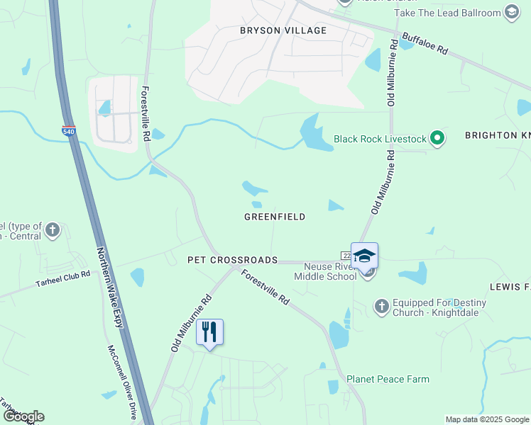 map of restaurants, bars, coffee shops, grocery stores, and more near 1925 Old Greenfield Road in Raleigh