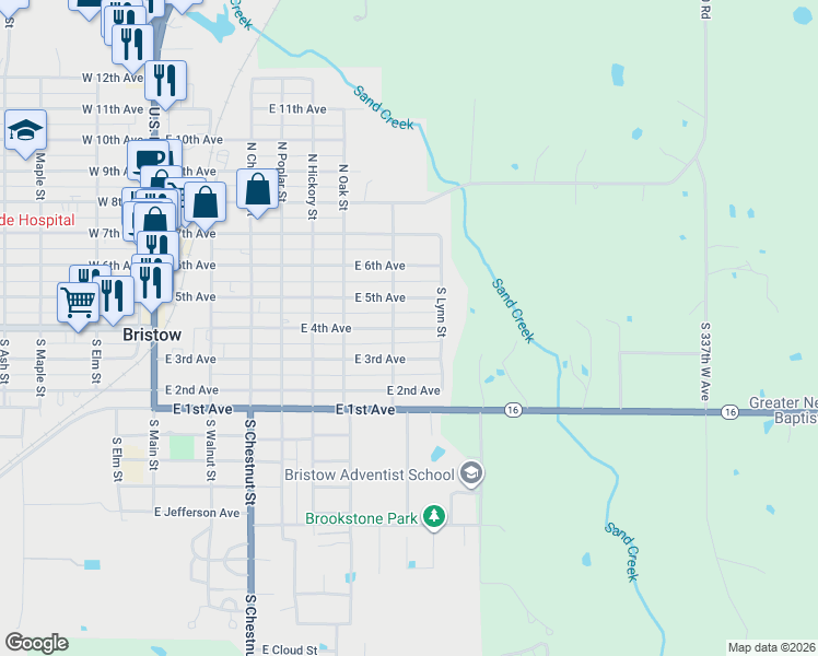 map of restaurants, bars, coffee shops, grocery stores, and more near 712 East 4th Avenue in Bristow