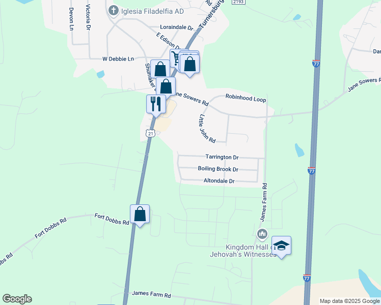 map of restaurants, bars, coffee shops, grocery stores, and more near 200 Tarrington Drive in Statesville