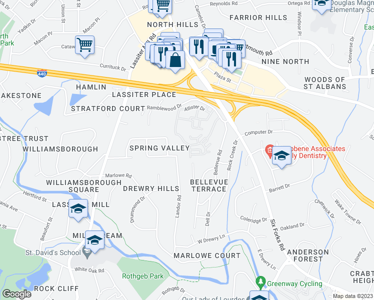 map of restaurants, bars, coffee shops, grocery stores, and more near 251 Penley Circle in Raleigh