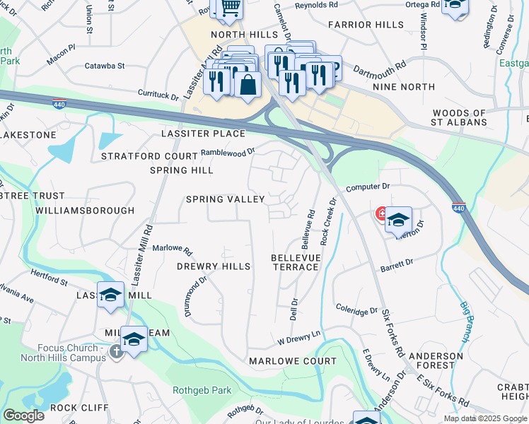 map of restaurants, bars, coffee shops, grocery stores, and more near 251 Penley Circle in Raleigh