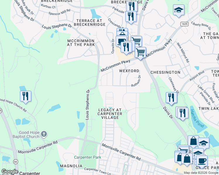 map of restaurants, bars, coffee shops, grocery stores, and more near 230 Linden Park Lane in Cary