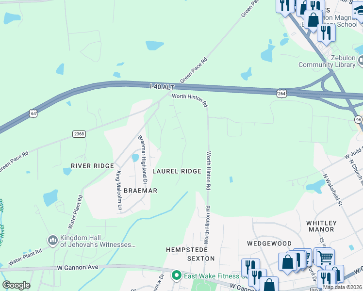 map of restaurants, bars, coffee shops, grocery stores, and more near 1024 Laurel Leaf Road in Zebulon