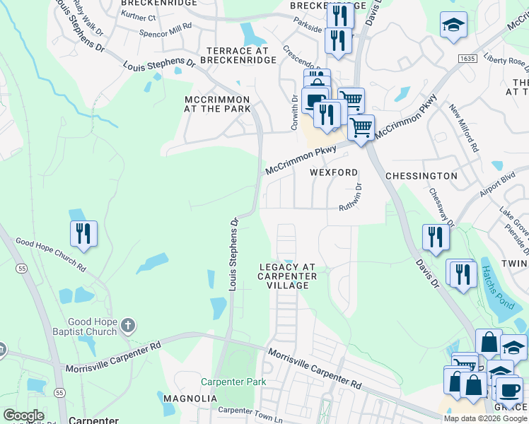 map of restaurants, bars, coffee shops, grocery stores, and more near 254 Linden Park Lane in Cary