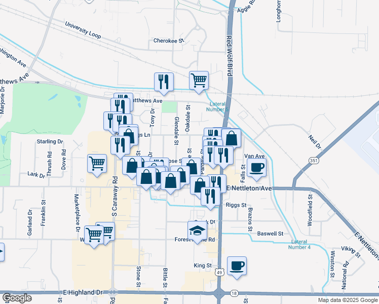 map of restaurants, bars, coffee shops, grocery stores, and more near 1316 Oakdale Street in Jonesboro