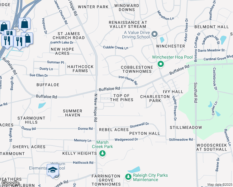 map of restaurants, bars, coffee shops, grocery stores, and more near 3649 Top of the Pines Court in Raleigh