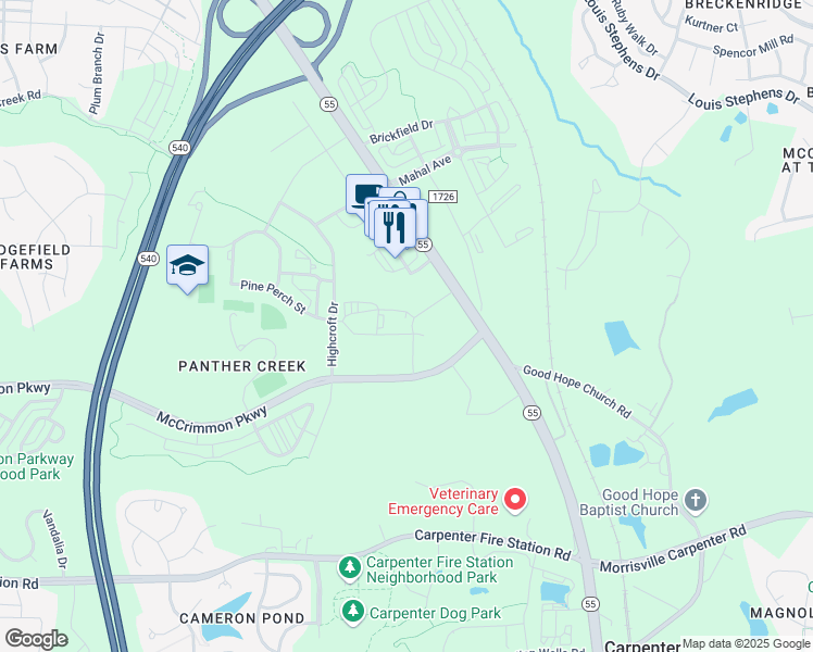 map of restaurants, bars, coffee shops, grocery stores, and more near 1427 Scenic Club Drive in Cary