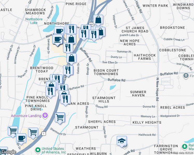 map of restaurants, bars, coffee shops, grocery stores, and more near 3500 Buffaloe Road in Raleigh