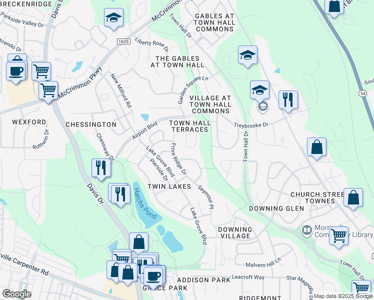 map of restaurants, bars, coffee shops, grocery stores, and more near 522 Front Ridge Drive in Cary