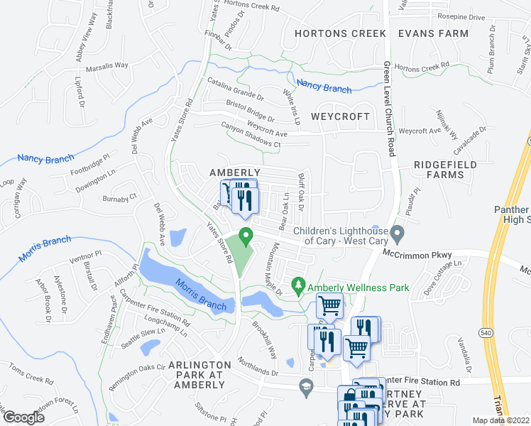 map of restaurants, bars, coffee shops, grocery stores, and more near 1220 Chalk Maple Drive in Cary
