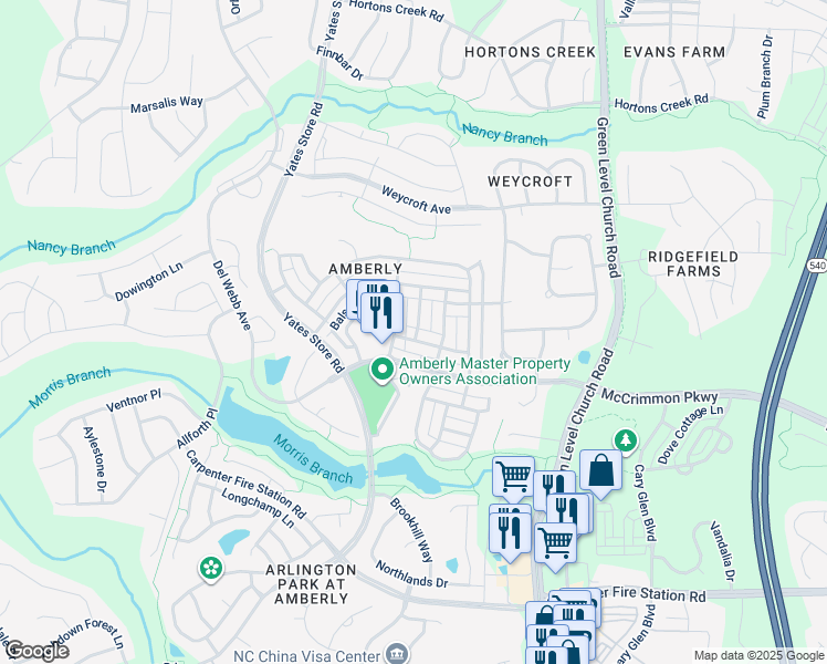 map of restaurants, bars, coffee shops, grocery stores, and more near 1220 Chalk Maple Drive in Cary