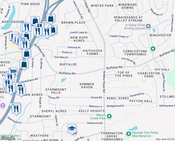 map of restaurants, bars, coffee shops, grocery stores, and more near 3901 Buffaloe Road in Raleigh