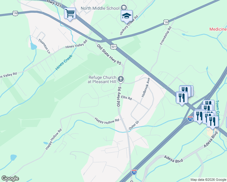 map of restaurants, bars, coffee shops, grocery stores, and more near 115 Del Rio Lane in Lenoir City