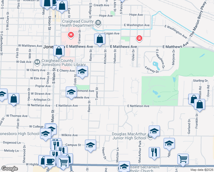 map of restaurants, bars, coffee shops, grocery stores, and more near 1214 Kitchen Street in Jonesboro