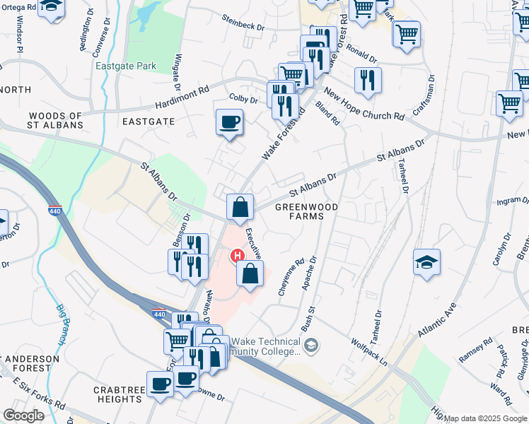 map of restaurants, bars, coffee shops, grocery stores, and more near 3612 Greenlawn Drive in Raleigh