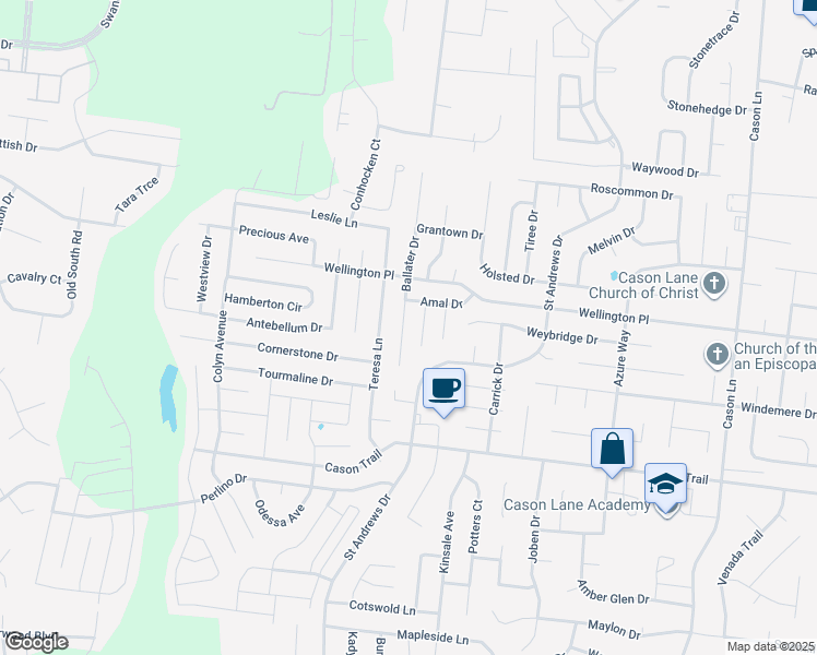 map of restaurants, bars, coffee shops, grocery stores, and more near 1519 Ballater Drive in Murfreesboro