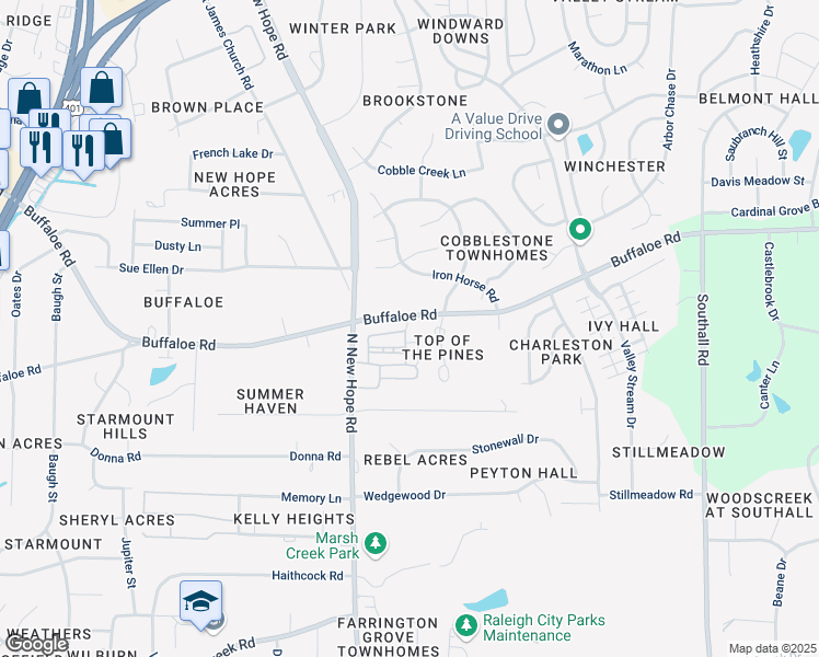 map of restaurants, bars, coffee shops, grocery stores, and more near 3649 Top of the Pines Court in Raleigh