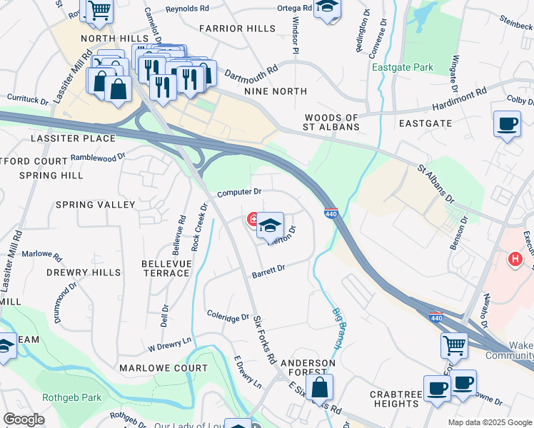 map of restaurants, bars, coffee shops, grocery stores, and more near 3900 Browning Place in Raleigh