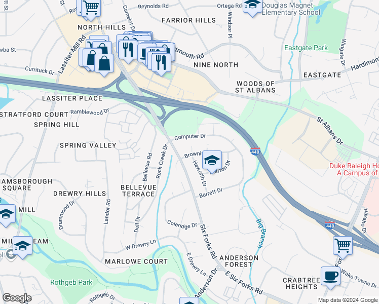 map of restaurants, bars, coffee shops, grocery stores, and more near 3622 Haworth Drive in Raleigh