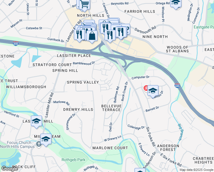 map of restaurants, bars, coffee shops, grocery stores, and more near 227 Penley Circle in Raleigh