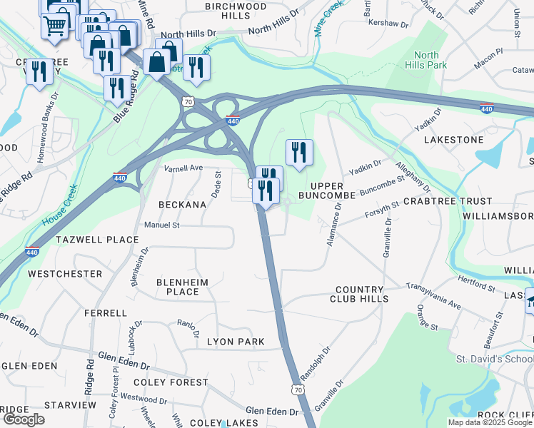 map of restaurants, bars, coffee shops, grocery stores, and more near 3800 Glenwood Avenue in Raleigh