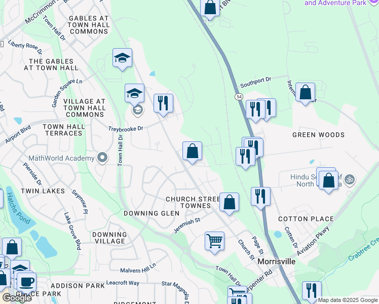 map of restaurants, bars, coffee shops, grocery stores, and more near 1033 Urbana Drive in Morrisville