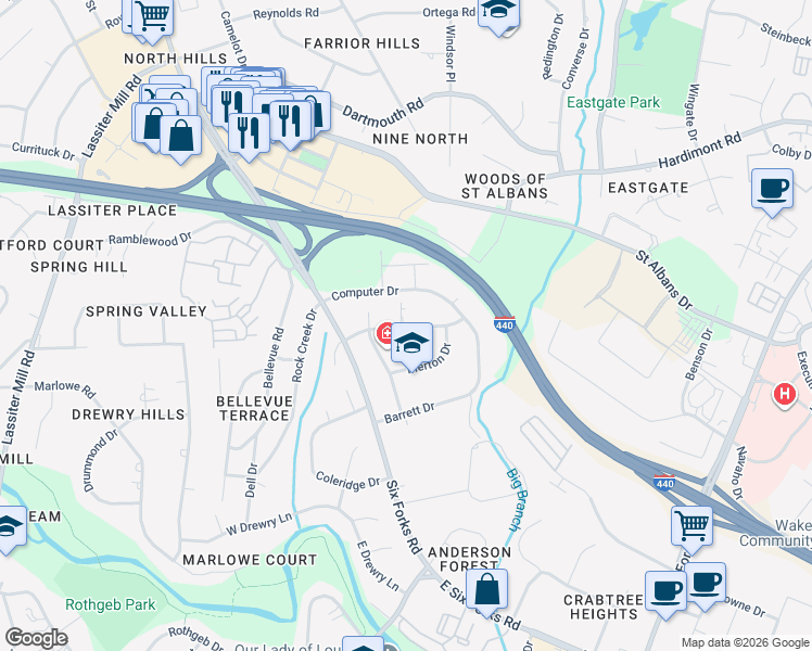 map of restaurants, bars, coffee shops, grocery stores, and more near 3718 Yorktown Place in Raleigh