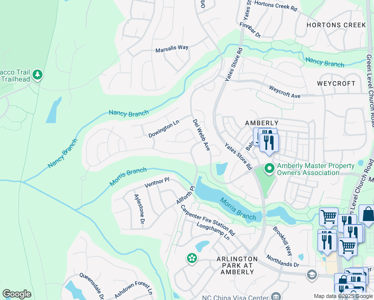 map of restaurants, bars, coffee shops, grocery stores, and more near 102 Beckingham Loop in Cary