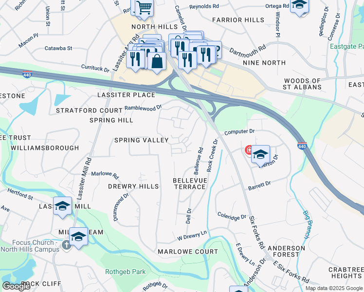 map of restaurants, bars, coffee shops, grocery stores, and more near 227 Penley Circle in Raleigh