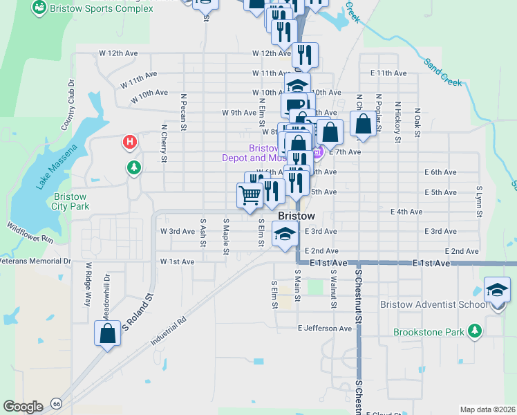 map of restaurants, bars, coffee shops, grocery stores, and more near 201 West 4th Avenue in Bristow