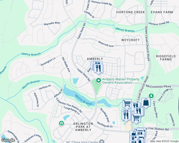map of restaurants, bars, coffee shops, grocery stores, and more near 539 Balsam Fir Drive in Cary
