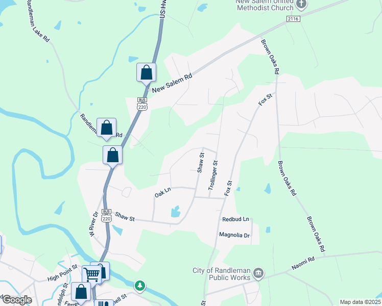 map of restaurants, bars, coffee shops, grocery stores, and more near 114 Weaver Street in Randleman