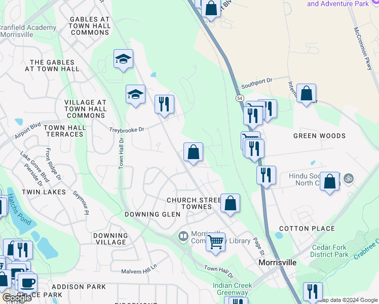 map of restaurants, bars, coffee shops, grocery stores, and more near 1421 Hopedale Drive in Morrisville