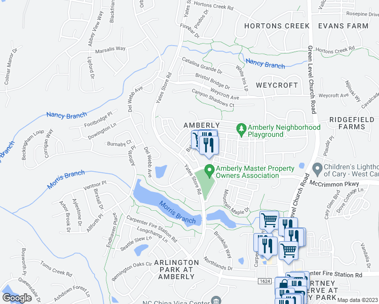 map of restaurants, bars, coffee shops, grocery stores, and more near 539 Balsam Fir Drive in Cary