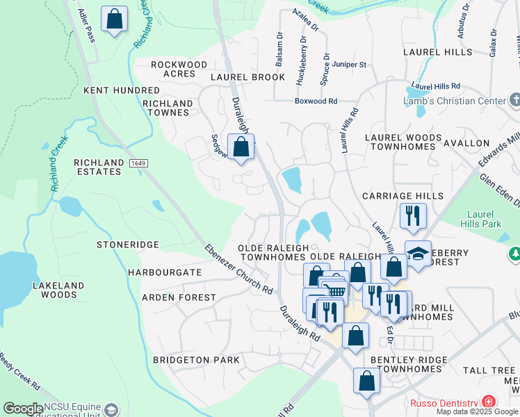 map of restaurants, bars, coffee shops, grocery stores, and more near 3802 Burwell Rollins Circle in Raleigh