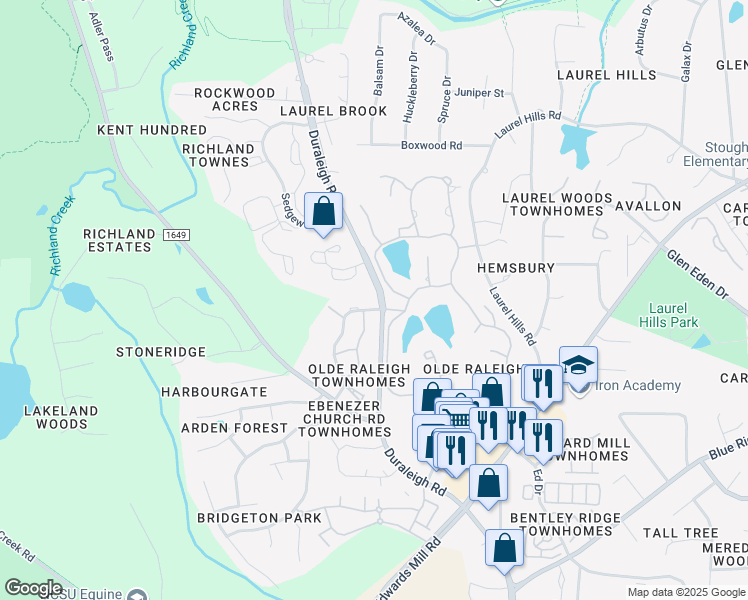 map of restaurants, bars, coffee shops, grocery stores, and more near 3908 Burwell Rollins Circle in Raleigh