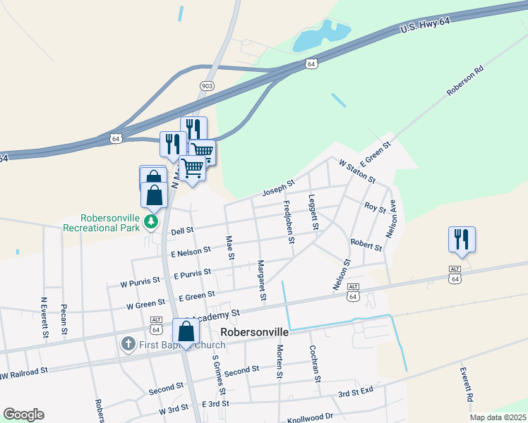 map of restaurants, bars, coffee shops, grocery stores, and more near 402 Dell Street in Robersonville