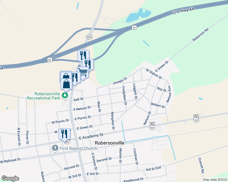 map of restaurants, bars, coffee shops, grocery stores, and more near 402 Dell Street in Robersonville