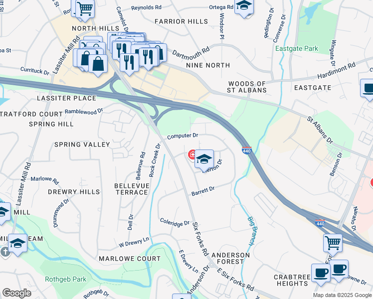map of restaurants, bars, coffee shops, grocery stores, and more near 3622 Haworth Drive in Raleigh