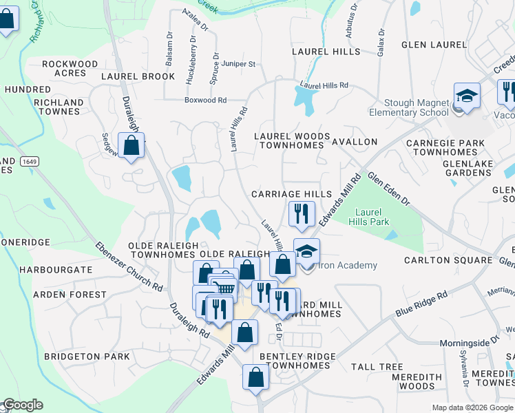 map of restaurants, bars, coffee shops, grocery stores, and more near 3920 City of Oaks Wynd in Raleigh