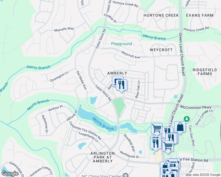 map of restaurants, bars, coffee shops, grocery stores, and more near 2122 Yates Store Road in Cary