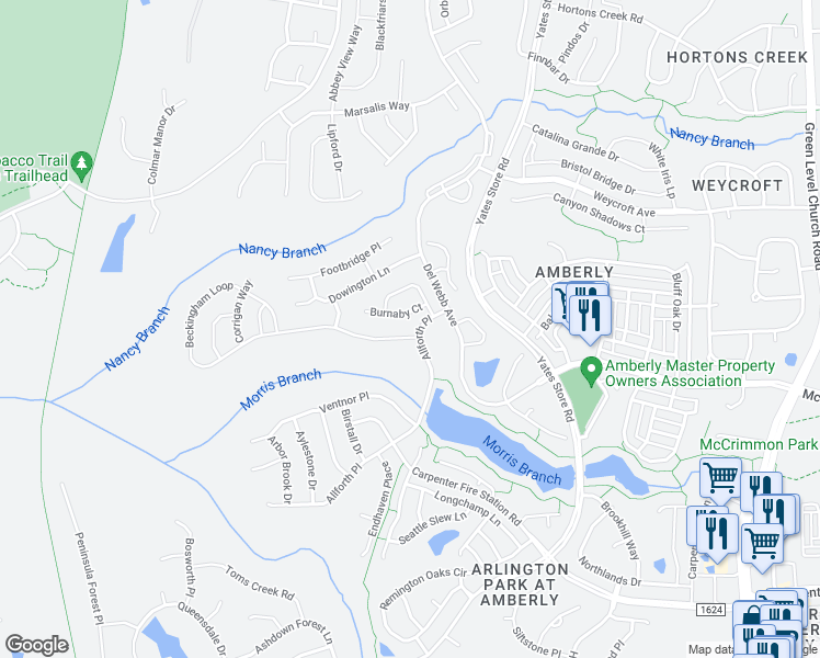 map of restaurants, bars, coffee shops, grocery stores, and more near 102 Beckingham Loop in Cary