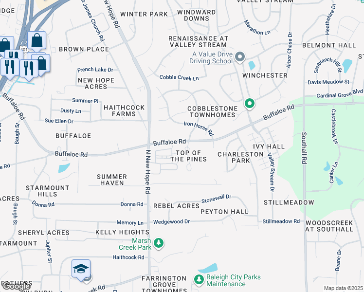 map of restaurants, bars, coffee shops, grocery stores, and more near 3663 Top of the Pines Court in Raleigh