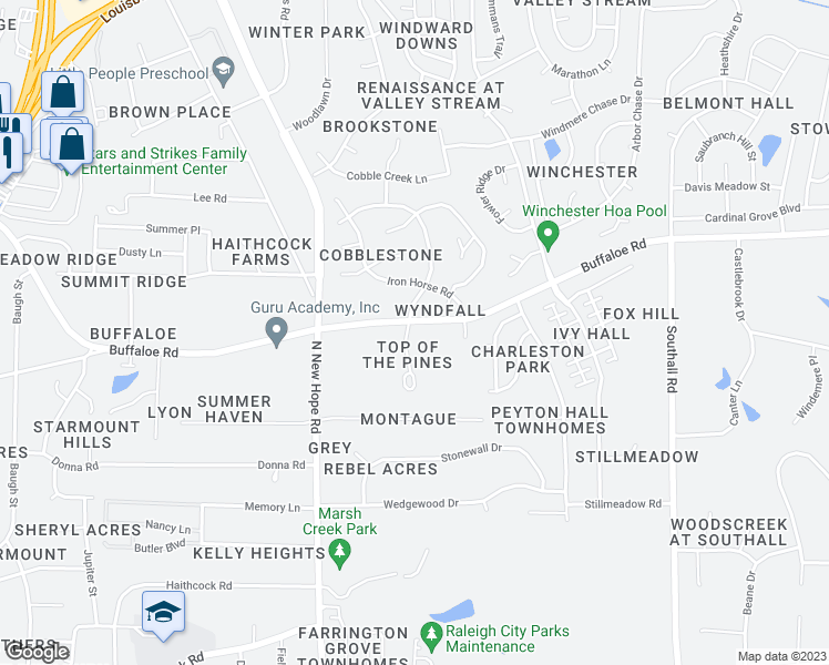 map of restaurants, bars, coffee shops, grocery stores, and more near 3644 Top of the Pines Court in Raleigh