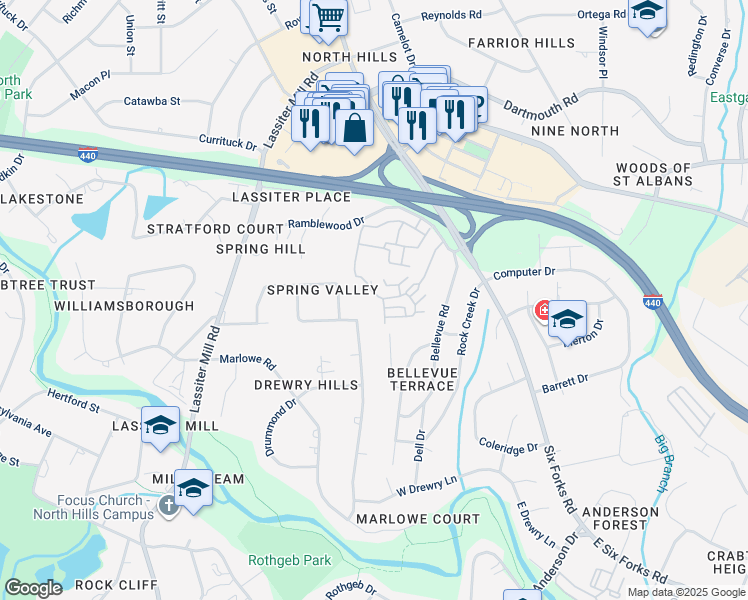 map of restaurants, bars, coffee shops, grocery stores, and more near 307 Allister Drive in Raleigh