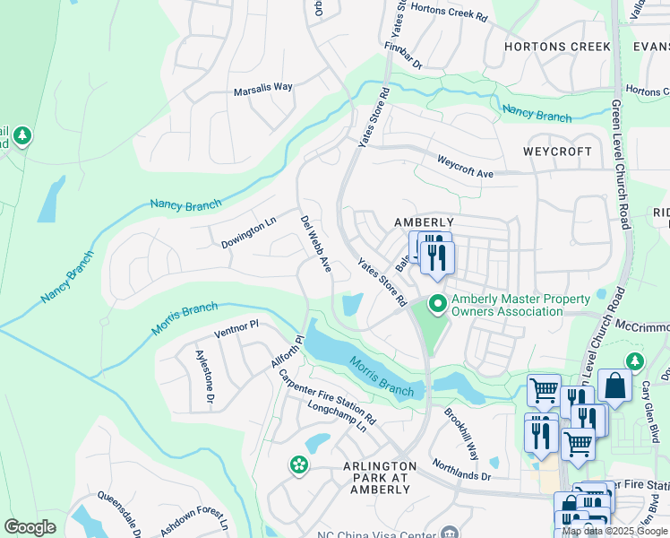 map of restaurants, bars, coffee shops, grocery stores, and more near 139 Arvind Oaks Circle in Cary