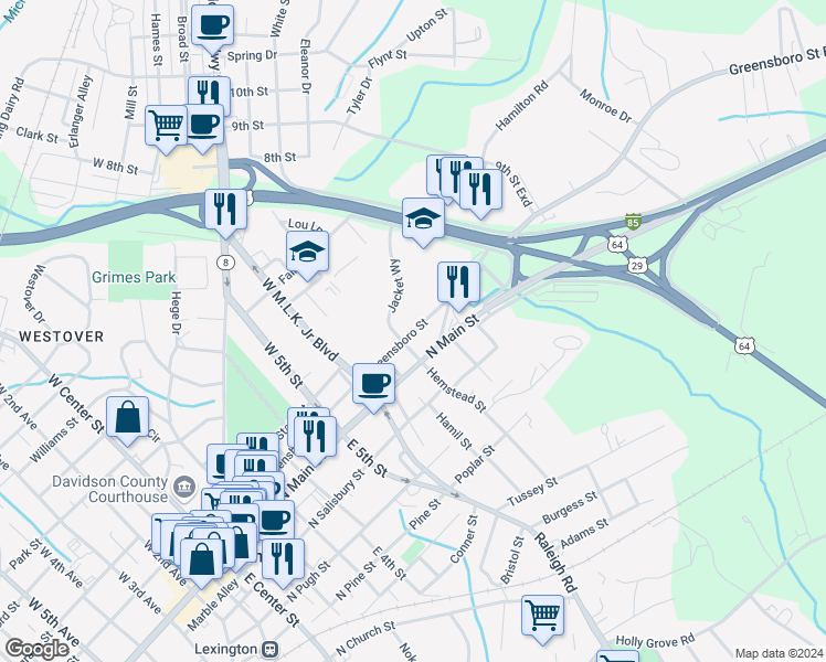 map of restaurants, bars, coffee shops, grocery stores, and more near Greensboro Street in Lexington
